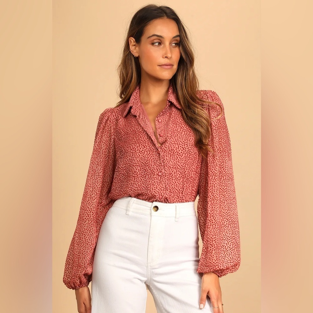 Lulus - Positive Influences Blush Pink Dotted Collared Button Up Blouse Size XS
